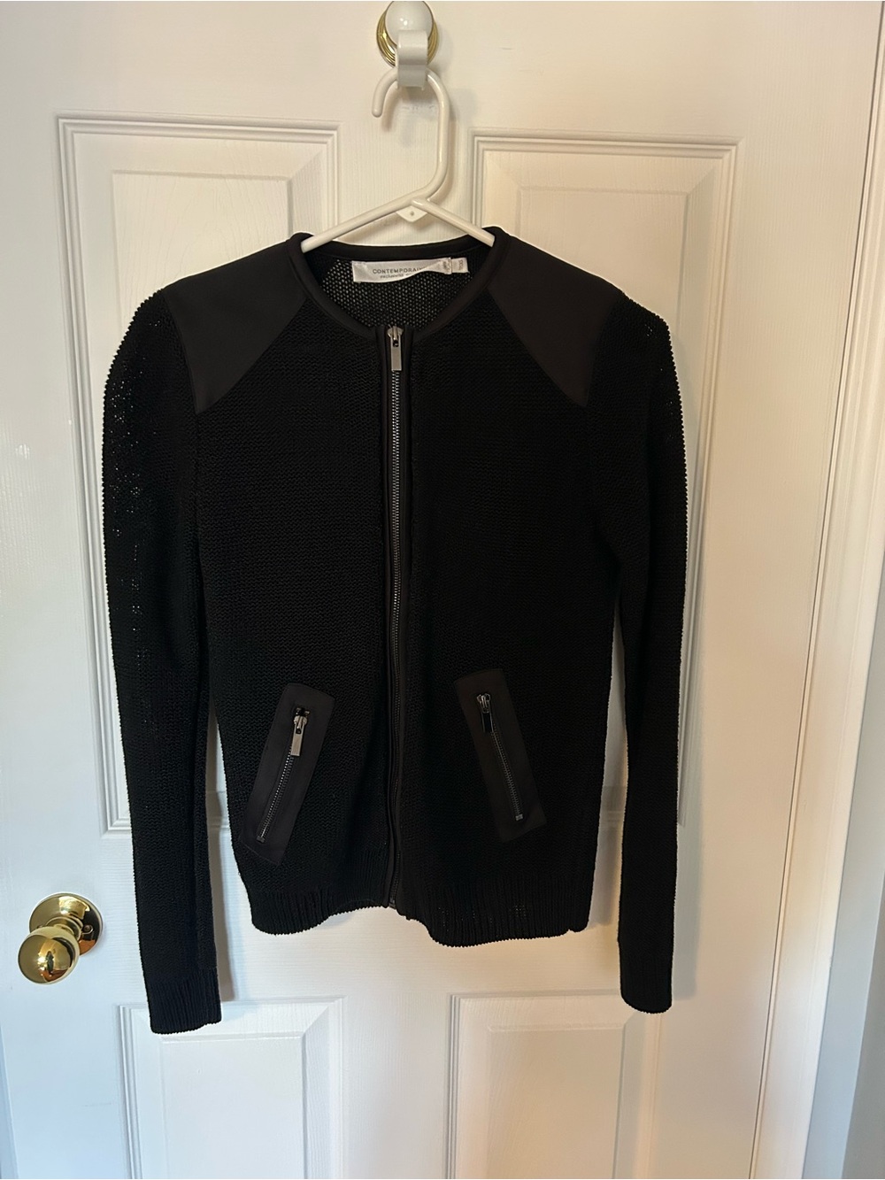 Black Women's Knit Crewneck Sweater with Shoulder Panels